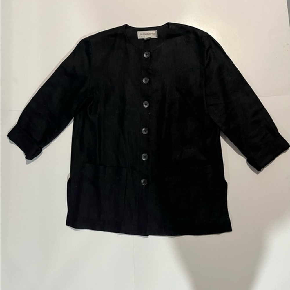 Liz Claiborne Cotton Black Blazer with Three-Quarter Sleeves